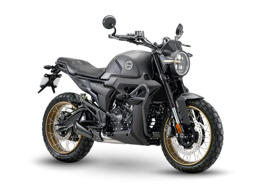 Zontes motos en Argentina - Moto Zontes 200G gris con frente elevado, faro circular y diseño de líneas firmes. Zontes motos en Argentina - Zontes 200G gris oscuro con faro redondo, ruedas de rayos doradas y vista en ángulo sobre fondo negro.
