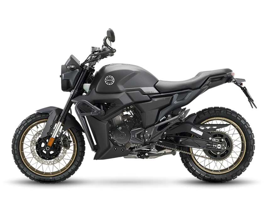 Zontes motos en Argentina - Moto Zontes 200G gris con vista lateral y diseño de inspiración scrambler. Zontes motos en Argentina - Zontes 200G gris oscuro de perfil con llantas de rayos doradas, asiento recto y silueta compacta.
