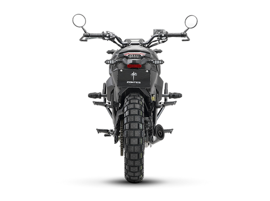 Zontes motos en Argentina - Moto Zontes 200G vista trasera con silueta recta y diseño compacto. Zontes motos en Argentina - Zontes 200G de espaldas con neumático trasero ancho, espejos altos y faro posterior centrado.