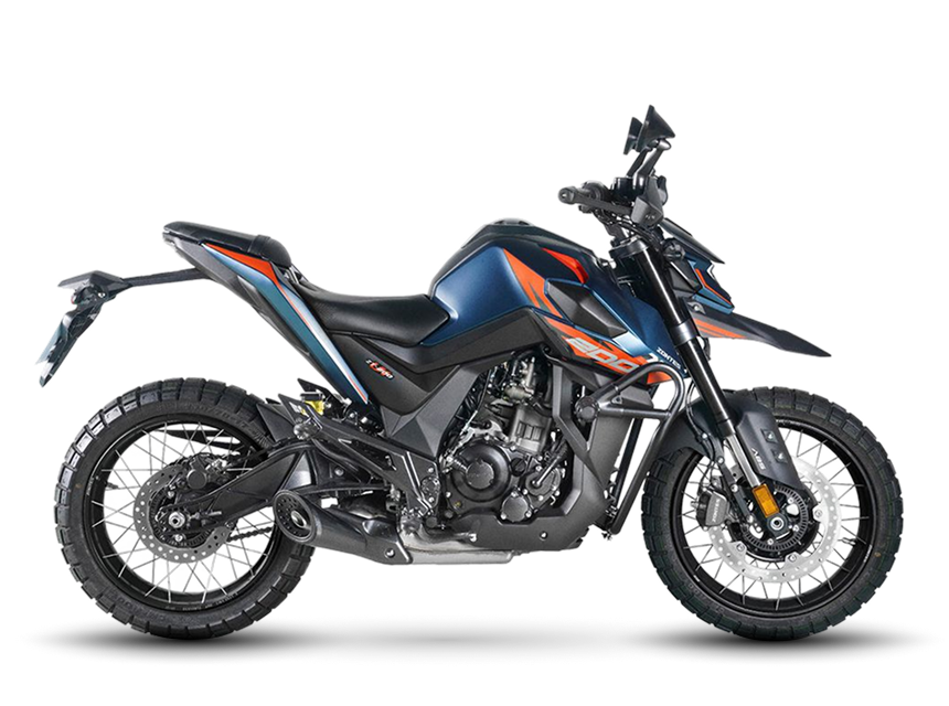 Zontes motos en Argentina - Moto Zontes 200U azul con vista lateral y silueta compacta de estilo supermoto. Zontes motos en Argentina - Zontes 200U azul y negra de perfil con ruedas de rayos, asiento escalonado y detalles naranjas.