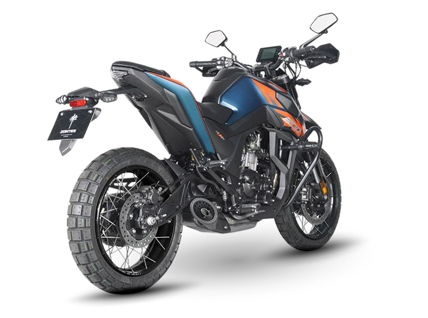 Zontes motos en Argentina - Moto Zontes 200U azul con ángulo posterior y diseño de líneas robustas. Zontes motos en Argentina - Zontes 200U azul y negra vista trasera en ángulo con ruedas de rayos y detalles naranjas.