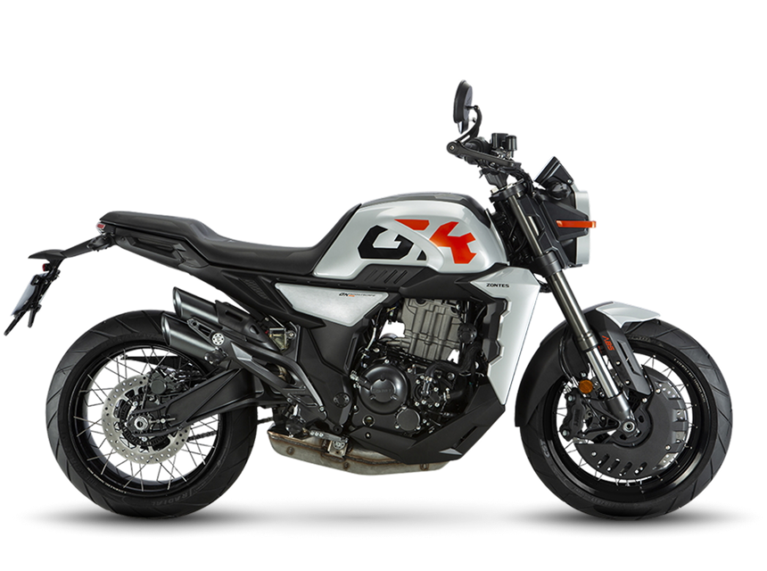 Zontes motos en Argentina - Moto Zontes 350GK gris con silueta lateral y estilo neo retro. Zontes motos en Argentina - Zontes 350GK gris y negra de perfil con faro redondo, ruedas de rayos y detalles naranjas.