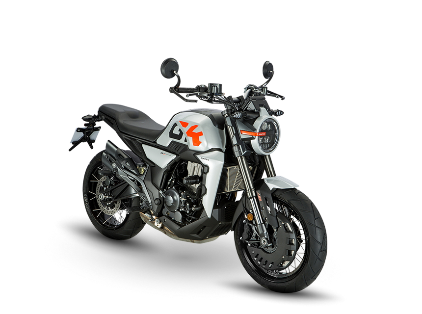 Zontes motos en Argentina - Moto Zontes 350GK gris con frente marcado y diseño de inspiración neo retro. Zontes motos en Argentina - Zontes 350GK gris y negra con faro redondo, ruedas de rayos y vista en ángulo.