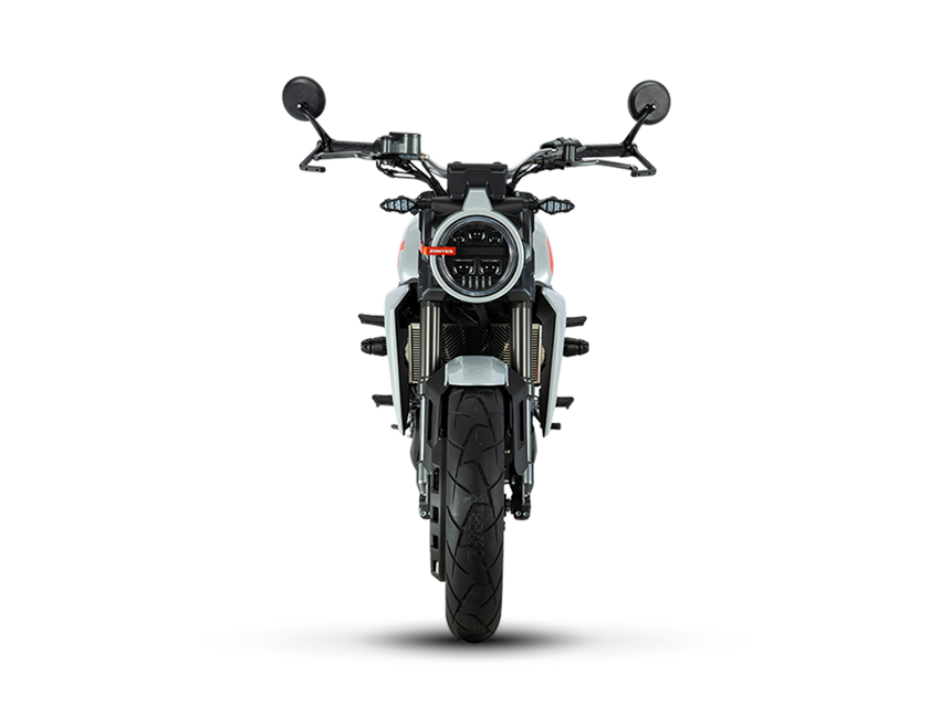 Zontes motos en Argentina - Moto Zontes 350GK frontal con diseño simétrico y faro circular destacado. Zontes motos en Argentina - Zontes 350GK de frente con faro redondo, espejos altos y rueda delantera centrada.