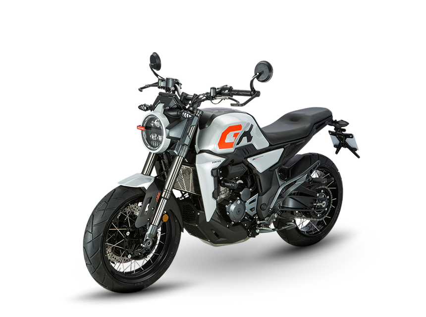 Zontes motos en Argentina - Moto Zontes 350GK gris con líneas marcadas y postura compacta. Zontes motos en Argentina - Zontes 350GK gris y negra con faro redondo, ruedas de rayos y vista en ángulo.