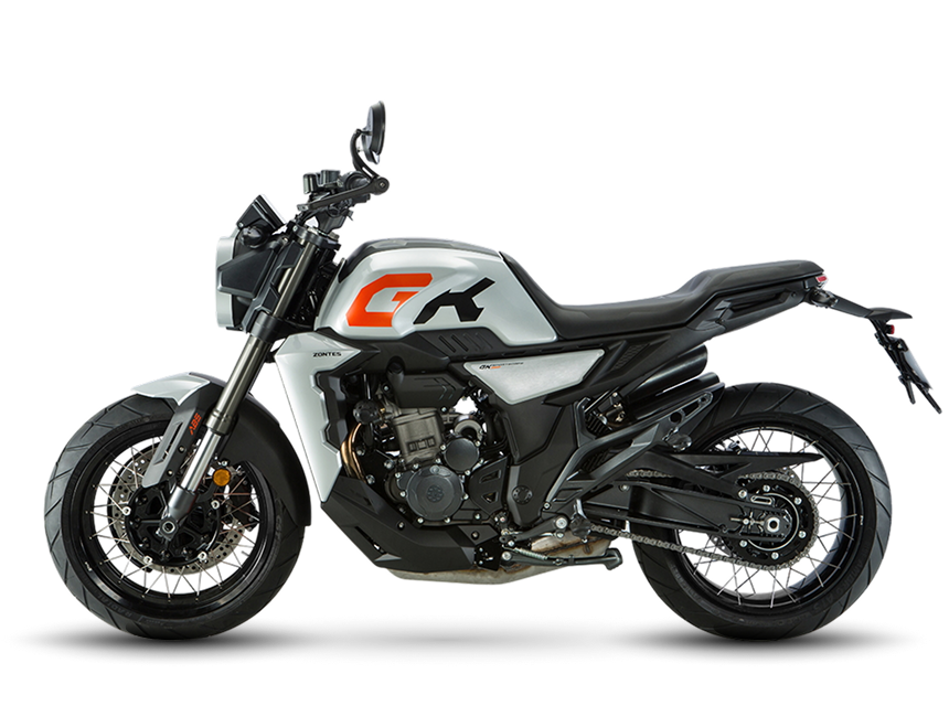 Zontes motos en Argentina - Moto Zontes 350GK gris con silueta lateral y detalles deportivos. Zontes motos en Argentina - Zontes 350GK gris y negra de perfil con ruedas de rayos, asiento corrido y doble escape lateral.