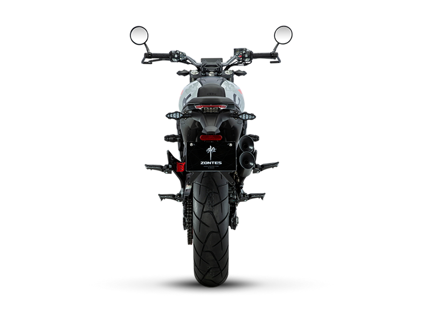 Zontes motos en Argentina - Moto Zontes 350GK vista trasera con silueta recta y diseño compacto. Zontes motos en Argentina - Zontes 350GK de espaldas con neumático trasero ancho, espejos altos y faro posterior centrado.