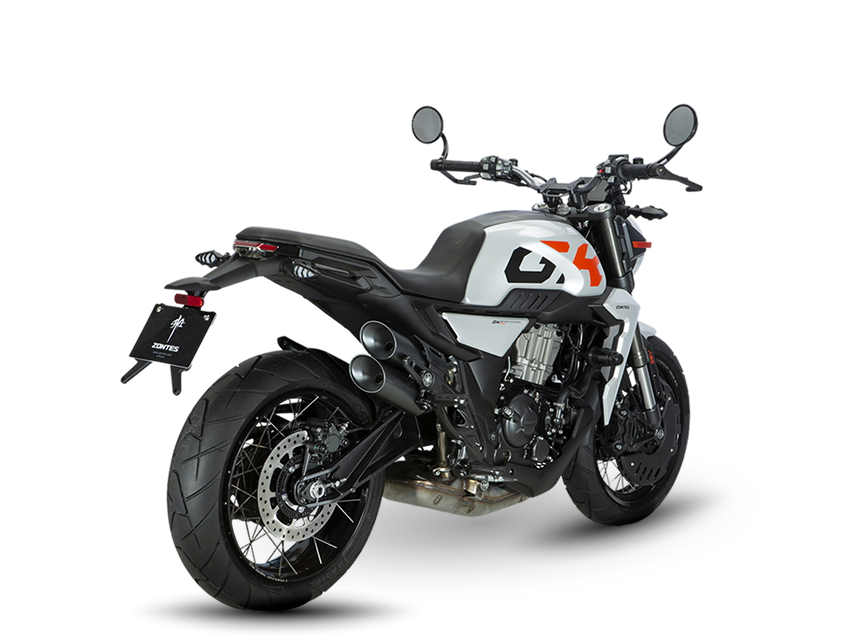 Zontes motos en Argentina - Moto Zontes 350GK gris con ángulo posterior y líneas robustas. Zontes motos en Argentina - Zontes 350GK gris y negra vista trasera en ángulo con doble escape lateral y rueda ancha.