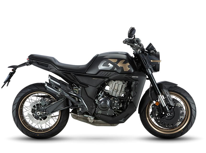 Zontes motos en Argentina - Moto Zontes 350GK negra con silueta lateral y estilo neo retro. Zontes motos en Argentina - Zontes 350GK negra de perfil con faro redondo, ruedas de rayos y detalles dorados.