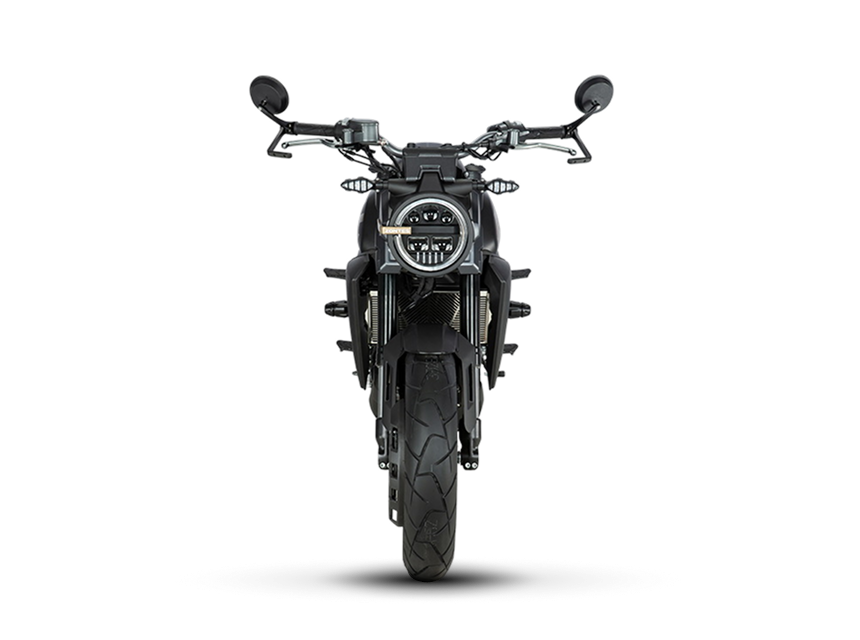 Zontes motos en Argentina - Moto Zontes 350GK frontal con diseño simétrico y faro circular destacado. Zontes motos en Argentina - Zontes 350GK de frente con faro redondo, espejos altos y rueda delantera centrada.