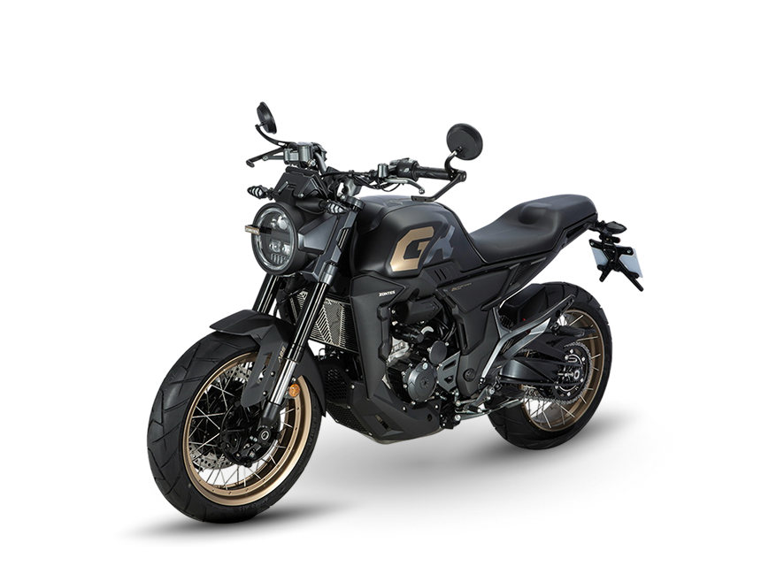 Zontes motos en Argentina - Moto Zontes 350GK negra con líneas marcadas y postura compacta. Zontes motos en Argentina - Zontes 350GK negra con faro redondo, ruedas de rayos y vista en ángulo.