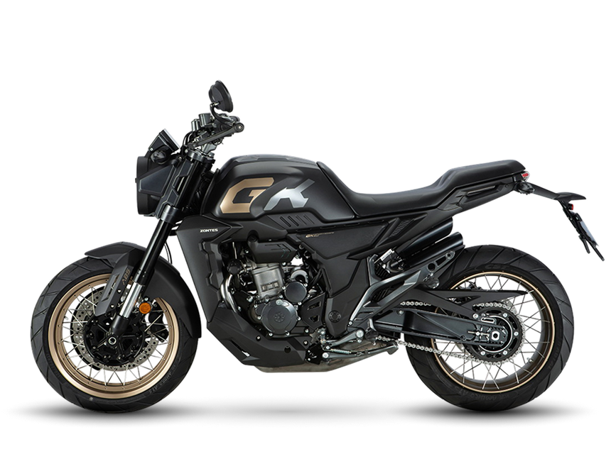 Zontes motos en Argentina - Moto Zontes 350GK negra con silueta lateral y detalles deportivos. Zontes motos en Argentina - Zontes 350GK negra de perfil con ruedas de rayos, asiento corrido y doble escape lateral.