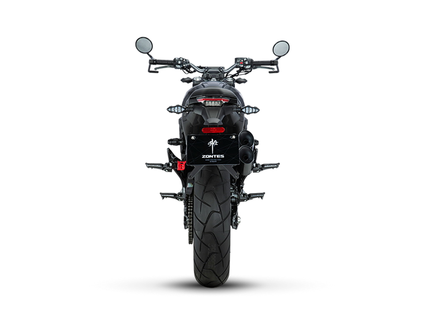 Zontes motos en Argentina - Moto Zontes 350GK vista trasera con silueta recta y diseño compacto. Zontes motos en Argentina - Zontes 350GK de espaldas con neumático trasero ancho, espejos altos y faro posterior centrado.