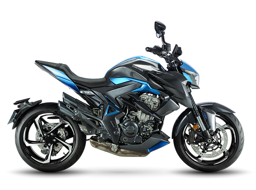 Zontes motos en Argentina - Zontes 350R azul con vista lateral izquierda. Zontes motos en Argentina - Zontes 350R azul y negra de perfil izquierdo sobre fondo transparente.