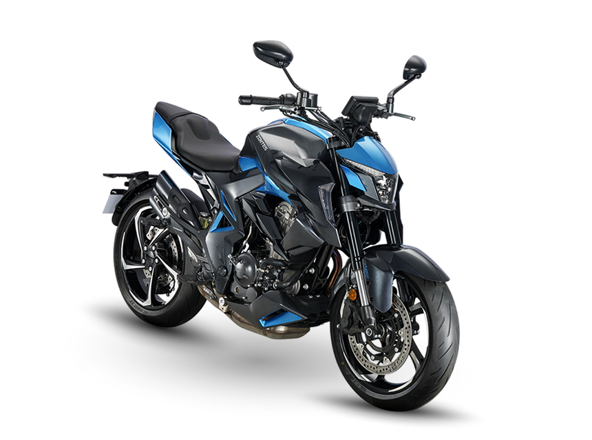 Zontes motos en Argentina - Zontes 350R azul con vista frontal derecha. Zontes motos en Argentina - Zontes 350R azul y negra en vista tres cuartos delantera derecha.