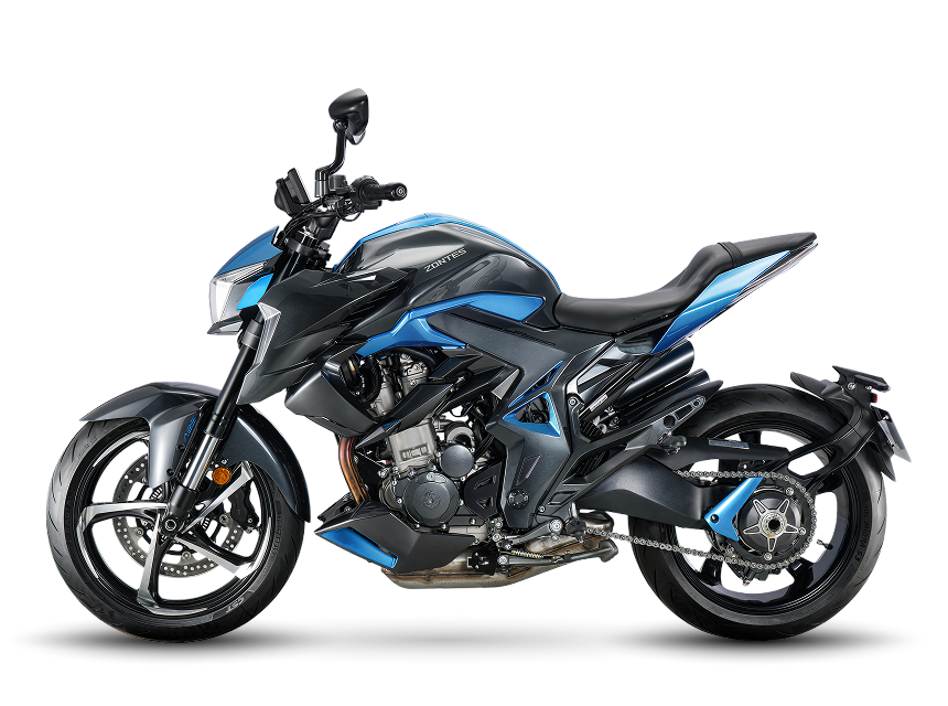 Zontes motos en Argentina - Zontes 350R azul con vista lateral izquierdo. Zontes motos en Argentina - Zontes 350R azul y negra de perfil izquierdo sobre fondo transparente.