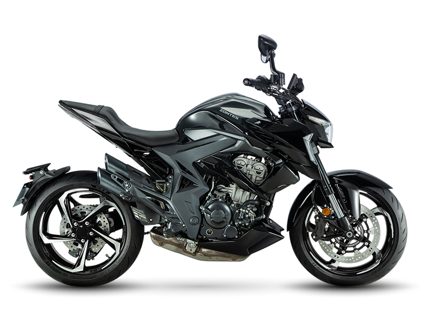 Zontes motos en Argentina - Zontes 350R negra con vista lateral derecha. Zontes motos en Argentina - Zontes 350R negra y gris de perfil derecho sobre fondo transparente.
