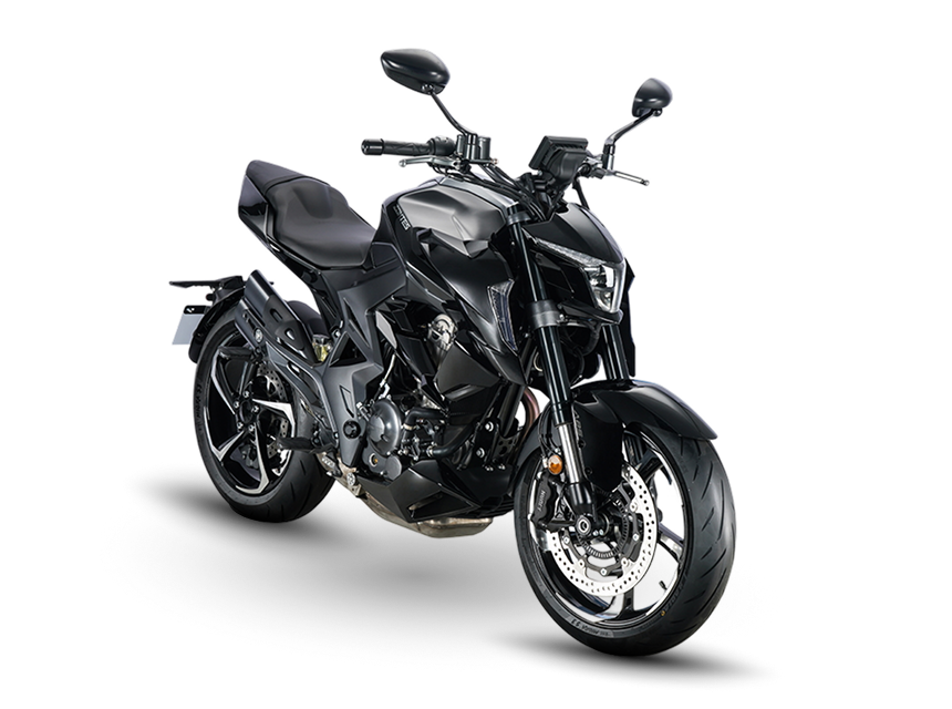 Zontes motos en Argentina - Zontes 350R negra con vista delantera derecha. Zontes motos en Argentina - Zontes 350R negra y gris en vista tres cuartos delantera derecha.