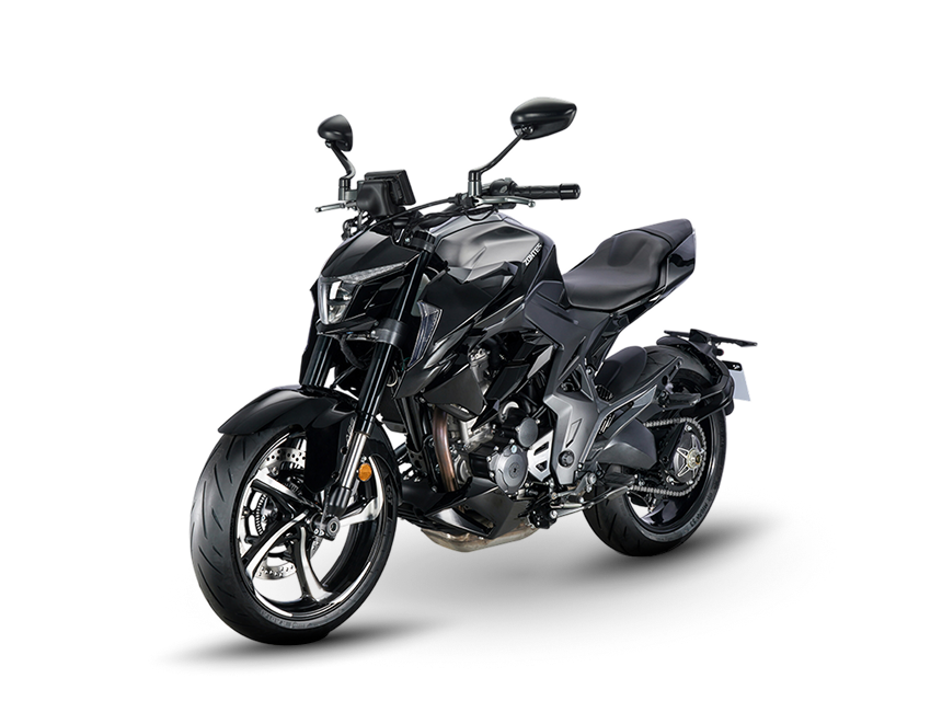 Zontes motos en Argentina - Zontes 350R negra con vista frontal izquierda. Zontes motos en Argentina - Zontes 350R negra y gris en vista tres cuartos delantera izquierda.