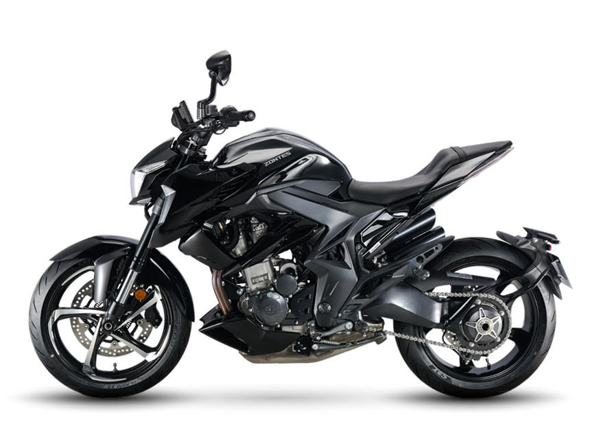 Zontes motos en Argentina - Zontes 350R negra con vista lateral izquierda. Zontes motos en Argentina - Zontes 350R negra y gris de perfil izquierdo sobre fondo transparente.