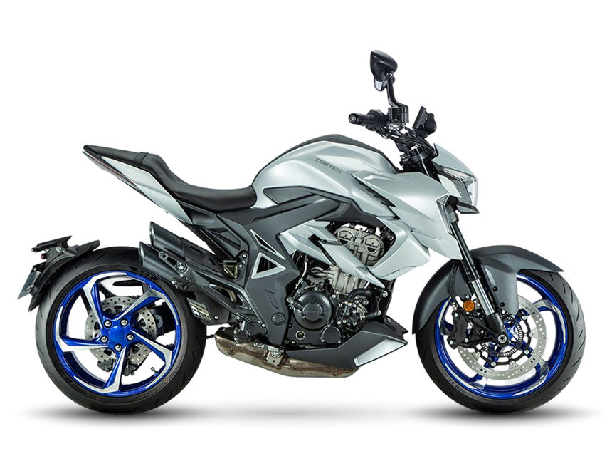 Zontes motos en Argentina - Zontes 350R gris con vista lateral derecha. Zontes motos en Argentina - Zontes 350R gris claro con llantas azules de perfil derecho.