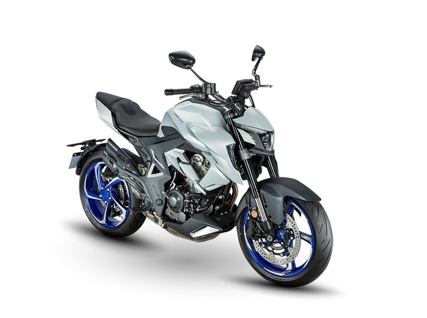 Zontes motos en Argentina - Zontes 350R gris con vista delantera derecha. Zontes motos en Argentina - Zontes 350R gris claro con llantas azules en vista tres cuartos delantera derecha.