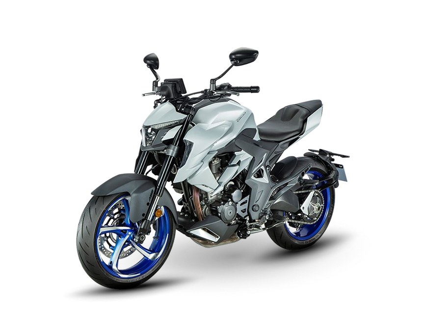 Zontes motos en Argentina - Zontes 350R gris con vista frontal izquierda. Zontes motos en Argentina - Zontes 350R gris claro con llantas azules en vista tres cuartos delantera izquierda.