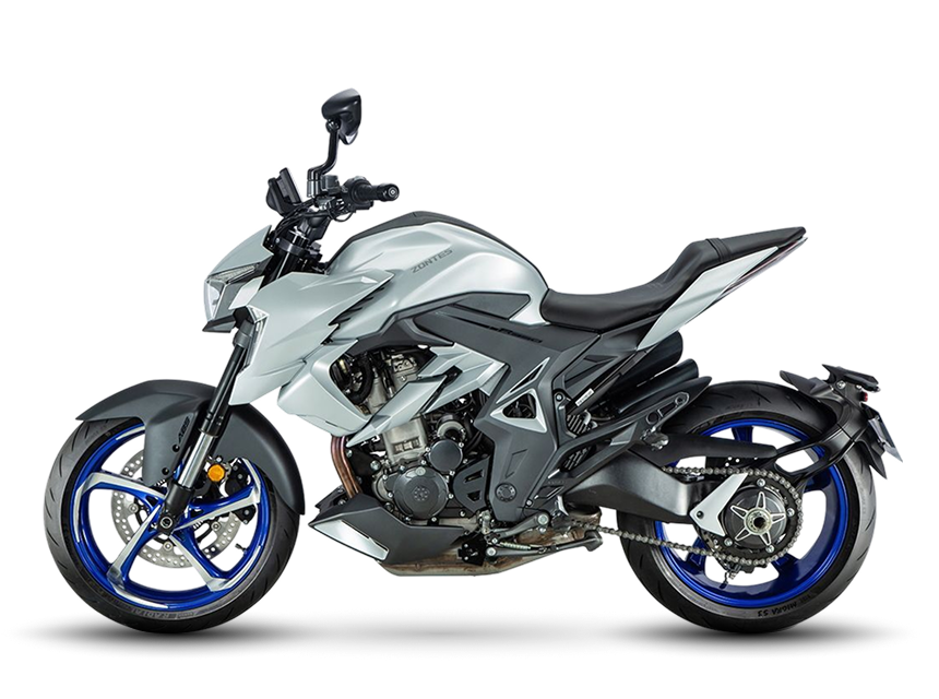 Zontes motos en Argentina - Zontes 350R gris con vista lateral izquierda. Zontes motos en Argentina - Zontes 350R gris claro con llantas azules de perfil izquierdo.
