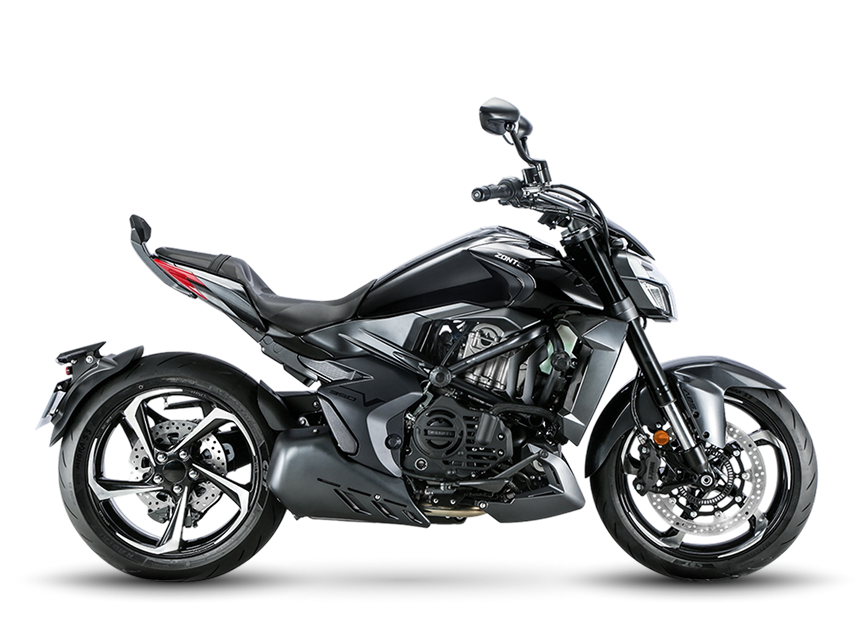 Zontes motos en Argentina - Zontes 350V negra con frente dominante, cuerpo compacto y una imagen de gran presencia.