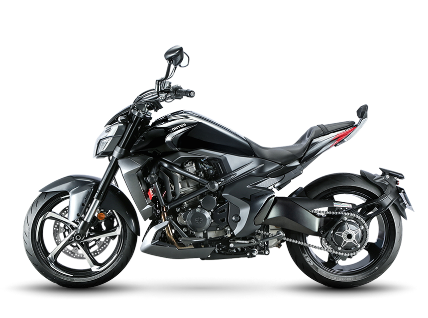Zontes motos en Argentina - Zontes 350V negra con cola elevada, motor a la vista y una silueta extensa de caracter moderno.