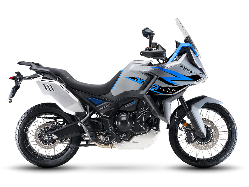 Zontes motos en Argentina - Moto Zontes 703F con diseño adventure, asiento corrido y detalles azules. Zontes motos en Argentina - Zontes 703F gris, blanco y azul de perfil con parabrisas alto, ruedas de rayos y carrocería adventure.