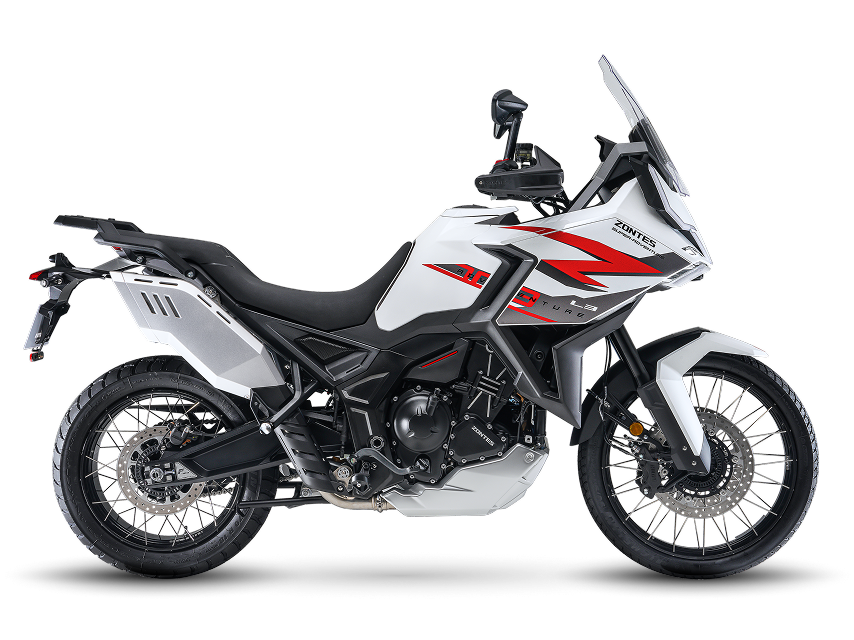 Zontes motos en Argentina - Moto Zontes 703F con vista frontal y trasera para apreciar ambos extremos del diseño. Zontes motos en Argentina - Zontes 703F mostrada de frente y de atrás en una misma composición con parabrisas alto y neumáticos mixtos.