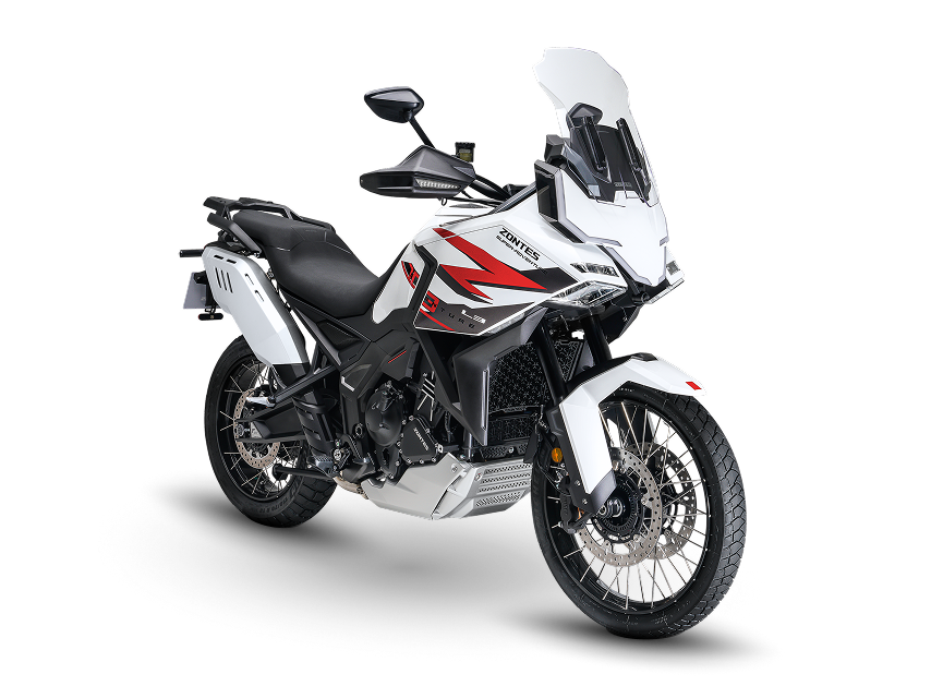 Zontes motos en Argentina - Moto Zontes 703F blanca y roja con diseño adventure y líneas laterales marcadas. Zontes motos en Argentina - Zontes 703F blanca con detalles rojos de perfil, ruedas de rayos y parabrisas alto.