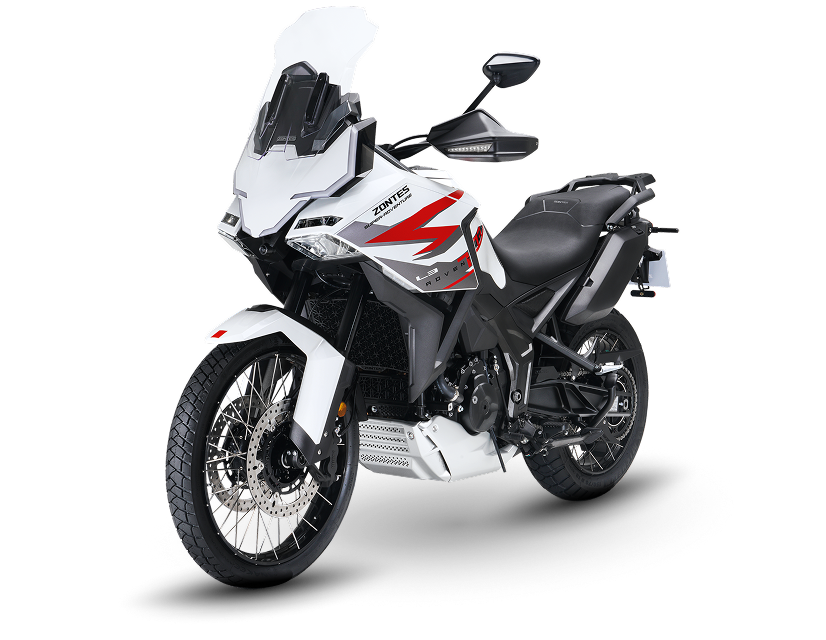 Zontes motos en Argentina - Moto Zontes 703F frontal en color blanco y rojo con diseño robusto. Zontes motos en Argentina - Zontes 703F blanca con detalles rojos de frente, parabrisas alto, espejos y ópticas delanteras.