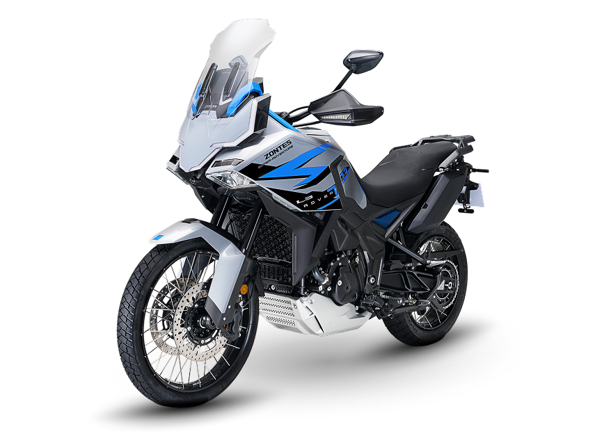 Zontes motos en Argentina - Moto Zontes 703F con frente elevado, detalles azules y silueta adventure. Zontes motos en Argentina - Zontes 703F gris, blanco y azul con parabrisas alto, ruedas de rayos y carrocería angular.