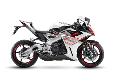 Zontes motos en Argentina - Zontes 703RR en color blanco con detalles rojos y negros, carenado deportivo y postura racing.