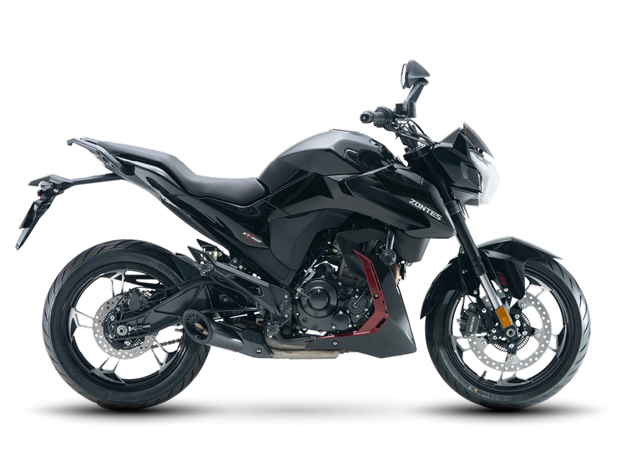 Zontes motos en Argentina - Zontes 200Z en negro con lineas tensas, llantas deportivas y una imagen compacta de caracter moderno. Zontes motos en Argentina - Zontes 200Z negra con detalles rojos, perfil completo y una silueta naked de fuerte presencia urbana.