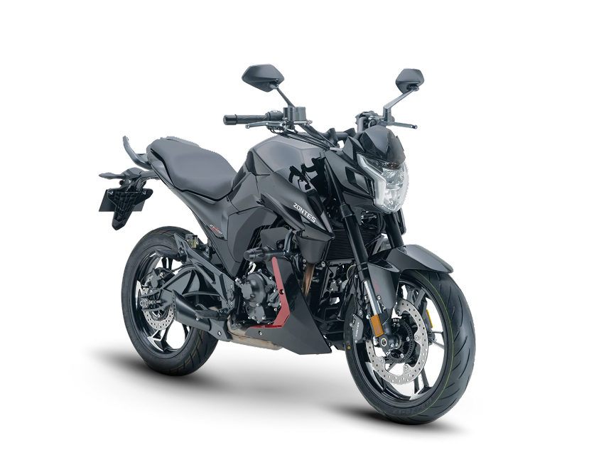 Zontes motos en Argentina - Zontes 200Z en negro con frente definido, volumen frontal marcado y una imagen urbana bien resuelta. Zontes motos en Argentina - Zontes 200Z negra con detalles rojos, faro angular y una postura compacta de gran personalidad.