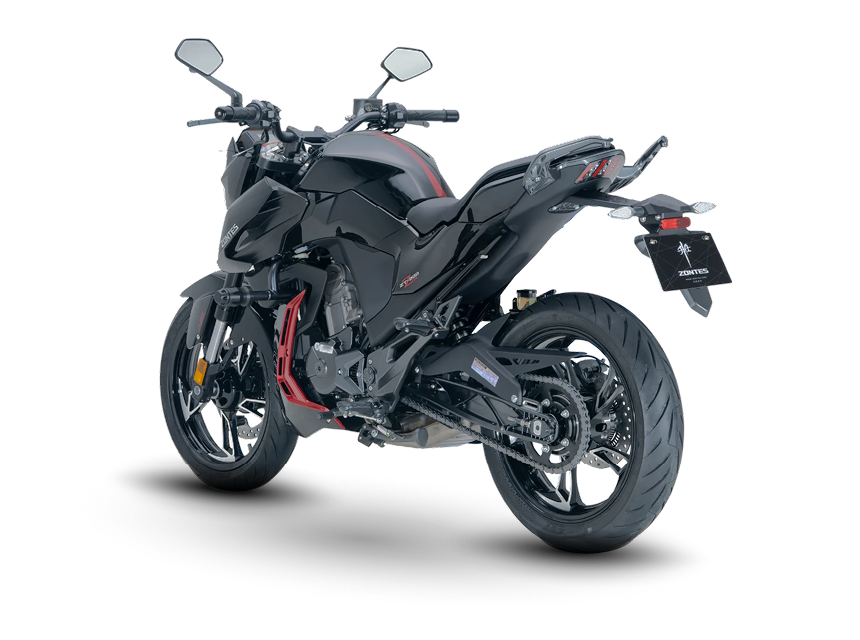 Zontes motos en Argentina - Zontes 200Z en negro con una figura trasera firme, volumen concentrado y rasgos modernos bien marcados. Zontes motos en Argentina - Zontes 200Z negra con detalles rojos, sector posterior elevado y una rueda trasera de gran protagonismo.