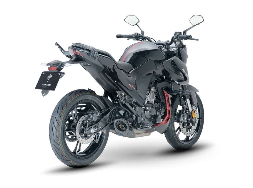 Zontes motos en Argentina - Zontes 200Z en negro con sector posterior marcado, volumen trasero firme y una imagen moderna. Zontes motos en Argentina - Zontes 200Z negra con acentos rojos, cola elevada y una silueta urbana de gran continuidad.