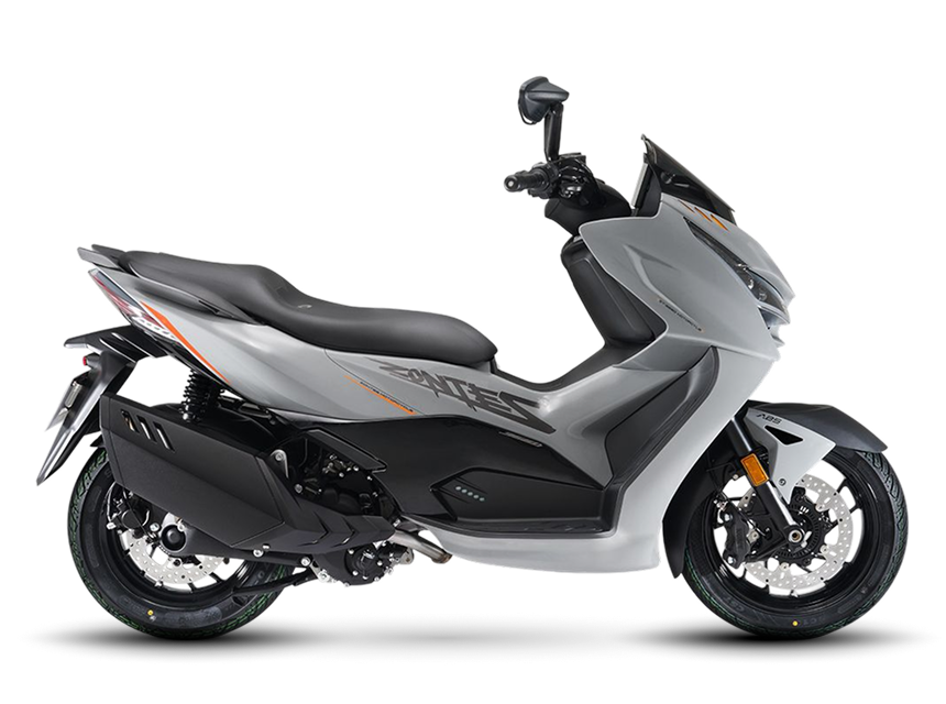 Zontes motos en Argentina - Scooter 368D gris con perfil definido, carroceria de lineas tensas y nombre de version arriba. Zontes motos en Argentina - Zontes 368D gris claro con lateral completo y grafica del modelo ubicada en la parte superior.
