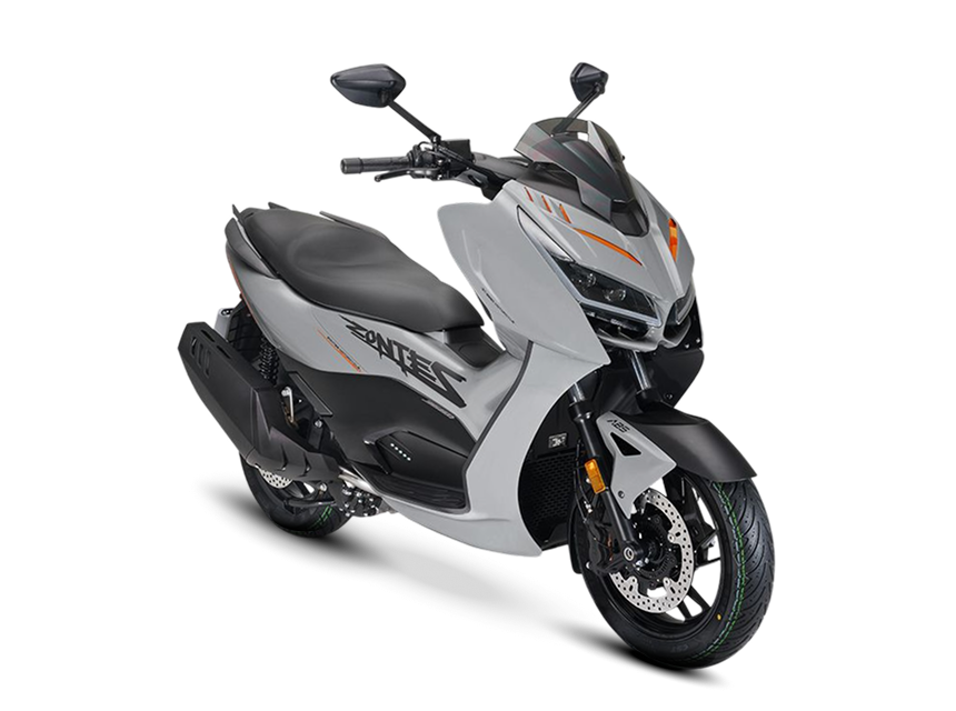 Zontes motos en Argentina - Zontes 368D gris con carenado delantero agresivo y asiento extendido. Zontes motos en Argentina - Scooter Zontes 368D gris claro con frente anguloso, ruedas oscuras y postura diagonal.