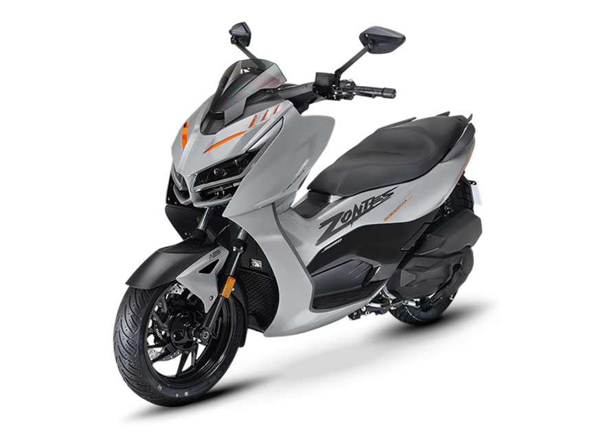 Zontes motos en Argentina - Scooter 368D gris con superficies tensas, asiento amplio y parte frontal deportiva. Zontes motos en Argentina - Zontes 368D gris claro con carroceria compacta, frente marcado y rueda delantera visible.