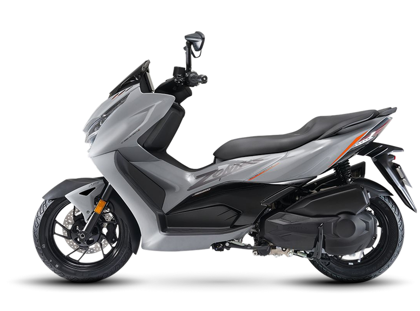 Zontes motos en Argentina - Scooter 368D gris con perfil opuesto, carroceria fluida y detalles naranjas en la cola. Zontes motos en Argentina - Zontes 368D gris claro mostrando el otro lateral con asiento corrido y conjunto mecanico trasero.