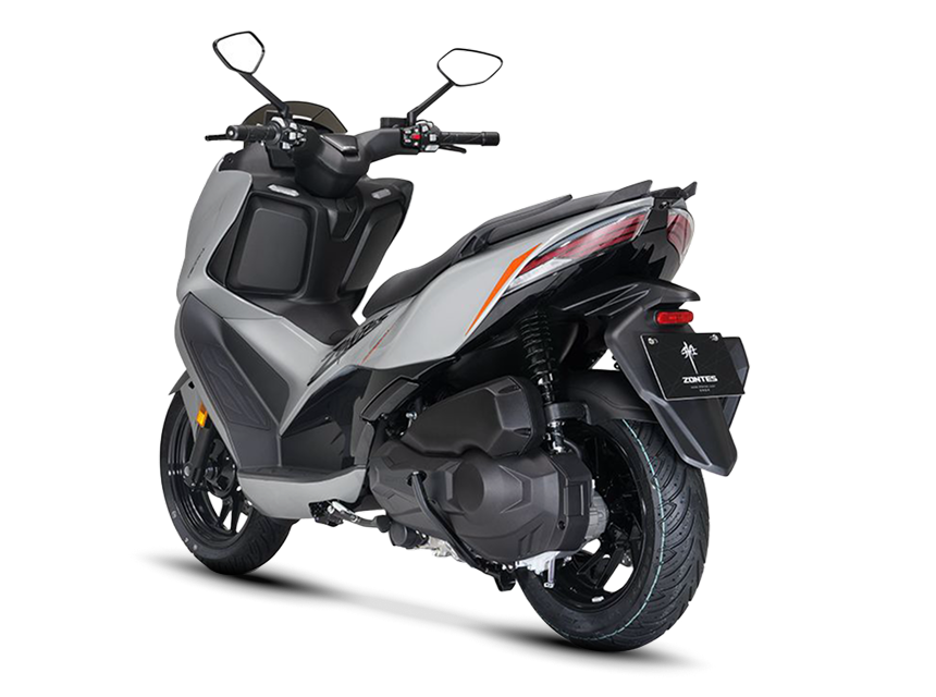 Zontes motos en Argentina - Scooter 368D gris con cola estilizada, guardabarros trasero y detalles mecanicos expuestos. Zontes motos en Argentina - Zontes 368D gris claro con sector trasero visible, suspension lateral y luz posterior alargada.