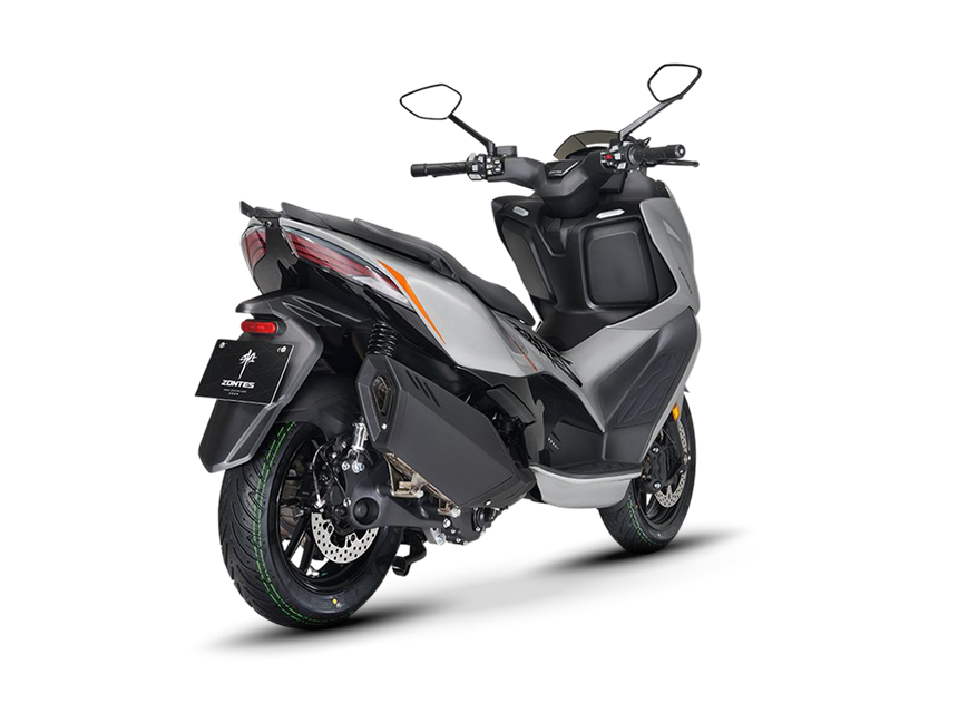 Zontes motos en Argentina - Scooter 368D gris en posicion diagonal con rueda trasera, suspension y cola estilizada. Zontes motos en Argentina - Zontes 368D gris con parte trasera lateral, escape visible y carroceria bicolor en tonos claros y oscuros.
