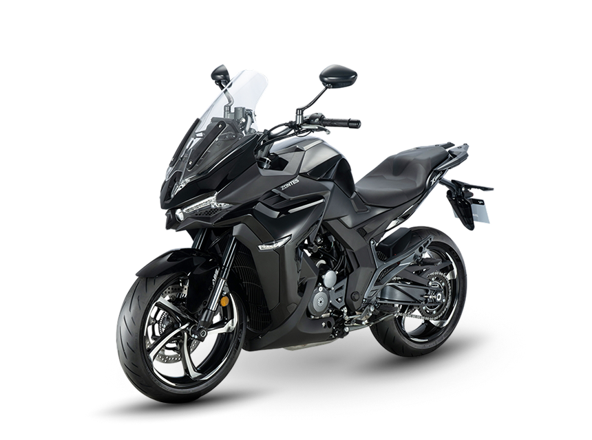 Zontes motos en Argentina - Zontes 350X negra con parabrisas transparente, carenado estilizado y una silueta dinamica de gran personalidad.