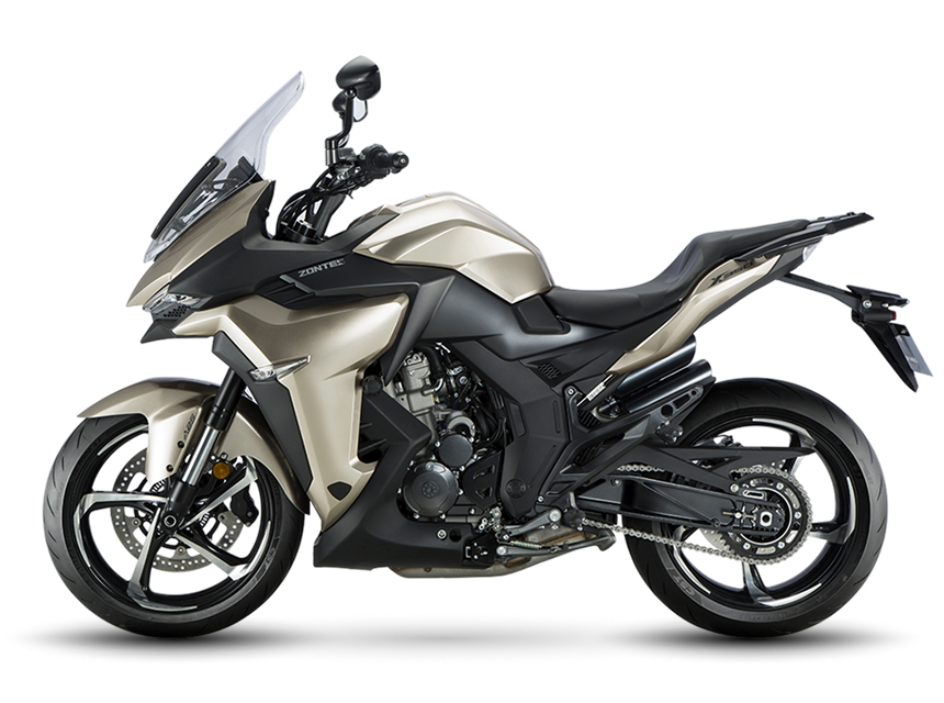 Zontes motos en Argentina - Zontes 350X champagne con carroceria extensa, parabrisas alto y trazos angulosos de perfil sport touring.