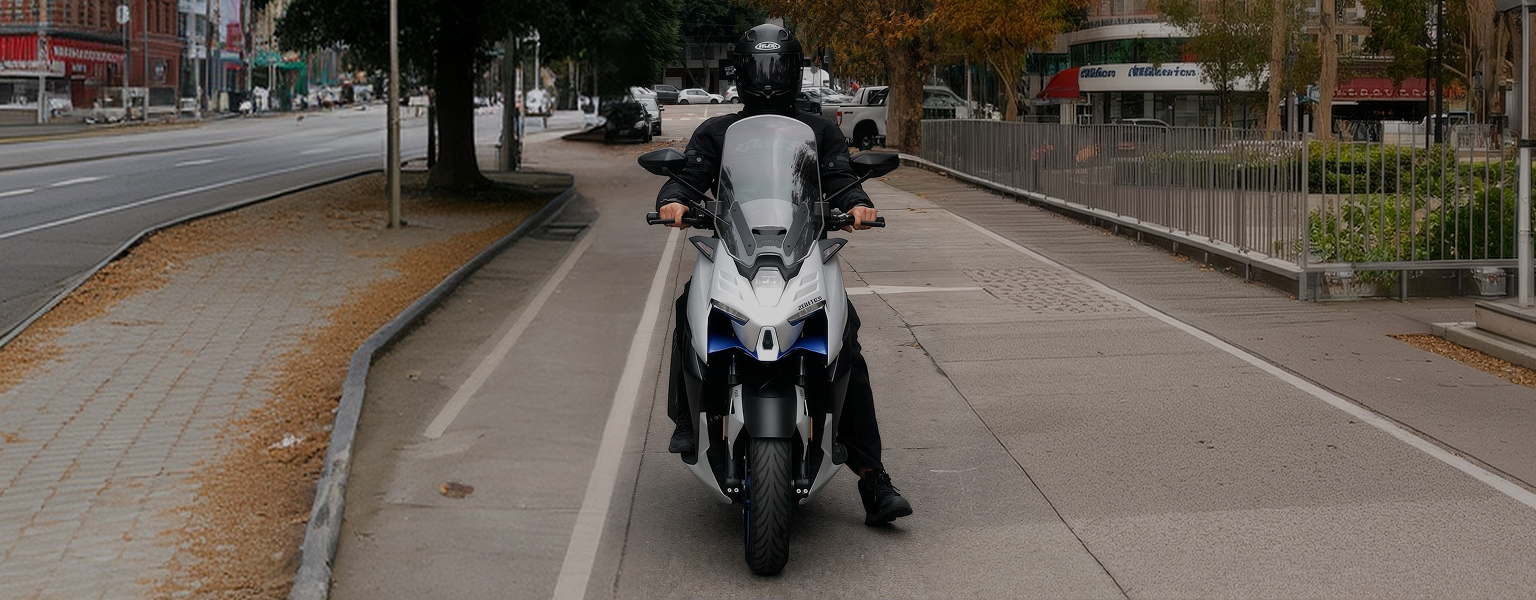 Zontes motos Argentina - scooter Zontes 368M blanco visto de frente con conductor detenido en una calle urbana