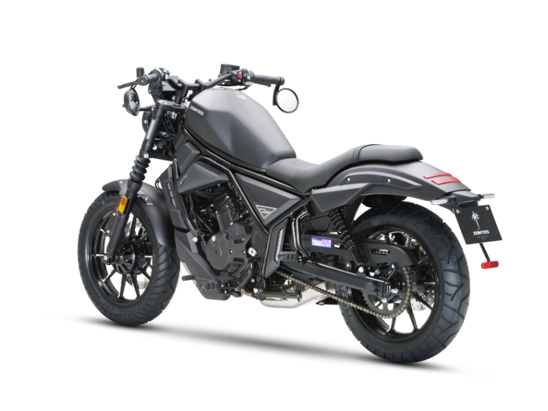 Zontes motos Argentina - Zontes C200 con lateral trasero y estructura expuesta Zontes motos Argentina - moto Zontes C200 negra con vista posterior, tanque gris y suspensión trasera visible